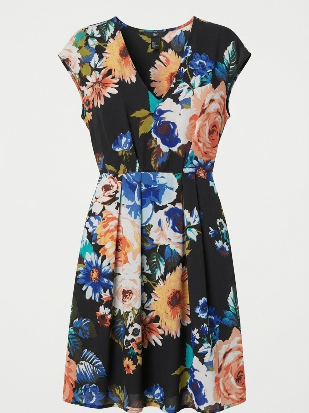H&M Black Floral V-Neck Mini Dress with Blue & Peach Blooms